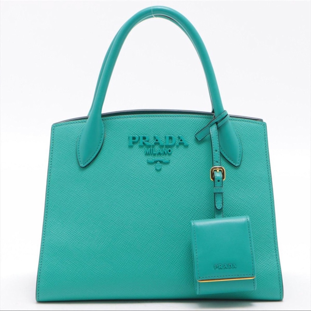 Prada Saffiano Small Monochromatic Shoulder Bag Teal - Picture 1 of 10